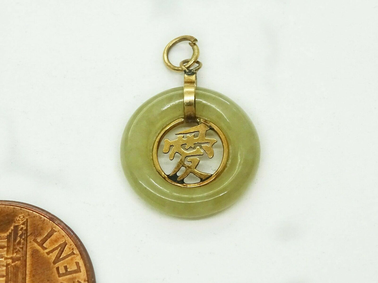 Natural Jade Round Love Charm Pendant 14k Gold