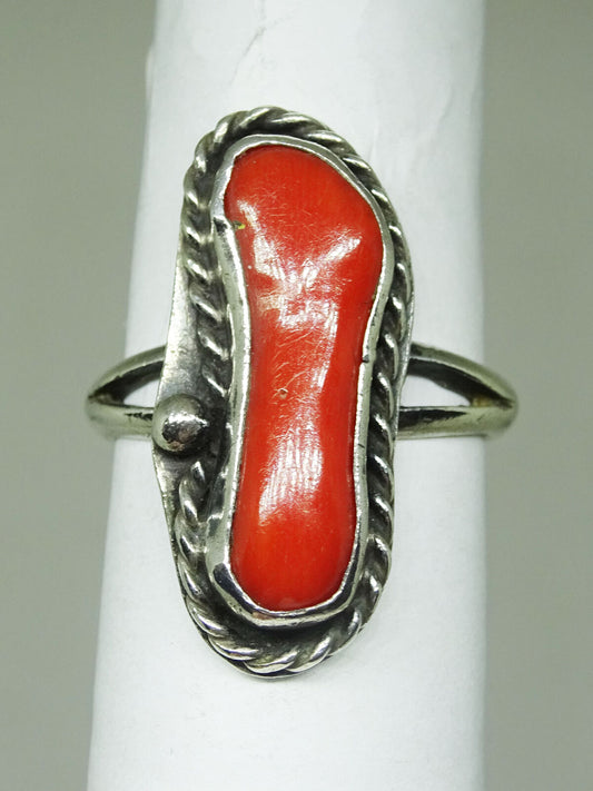 Southwest Long Freeform Red Coral Sterling Silver Ring Size 4.5