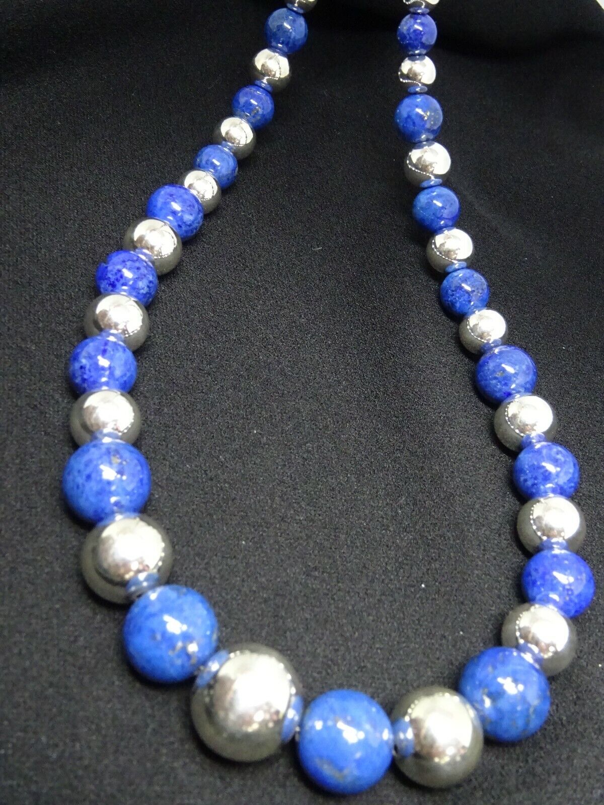 Natural Lapis Lazuli and Sterling Silver Bead Necklace 30" Extra Long