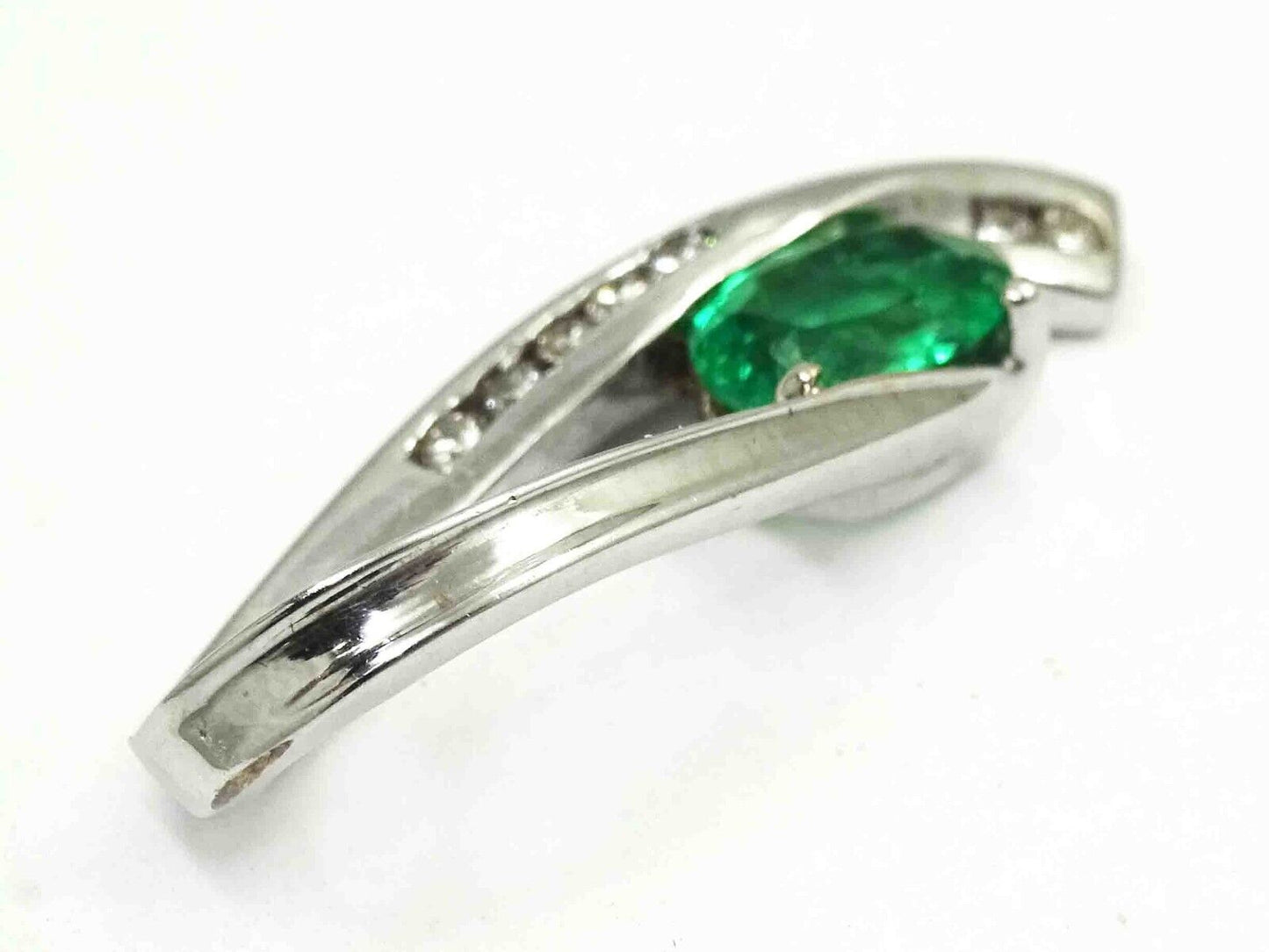 Natural Oval Emerald & Diamond Accent Open Loop Slide Pendant 14k White Gold
