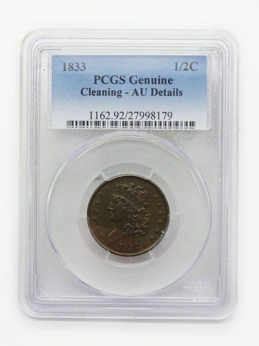 1833 1/2C Classic Head Half Cent PCGS Genuine Cleaning AU Details