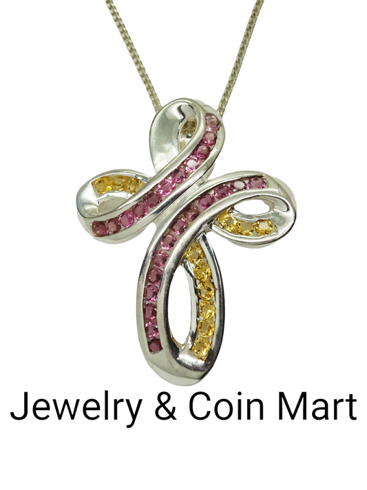 Pink Tourmaline & Citrine Sterling Silver Ribbon Swirl Cross Pendant