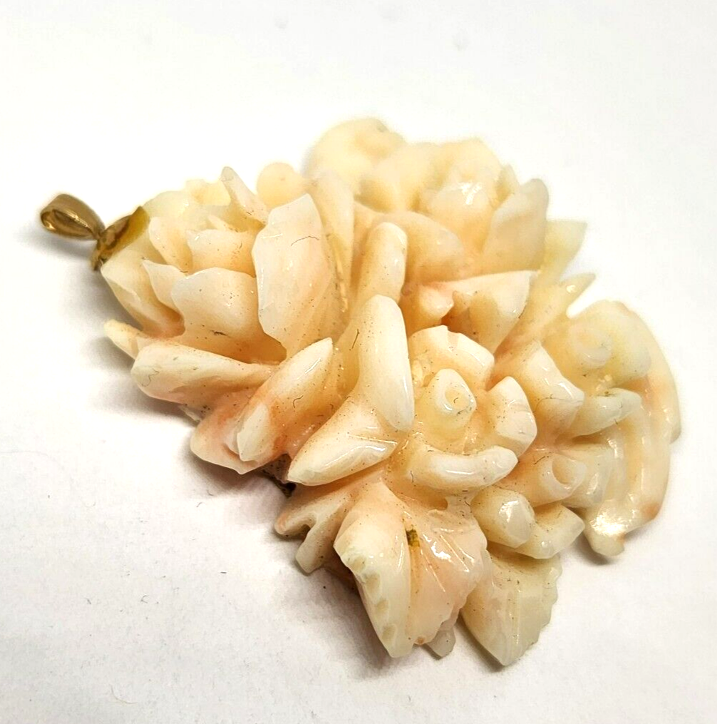 Carved Floral Angel Skin Coral Gold Filled Pendant 1.75" Long