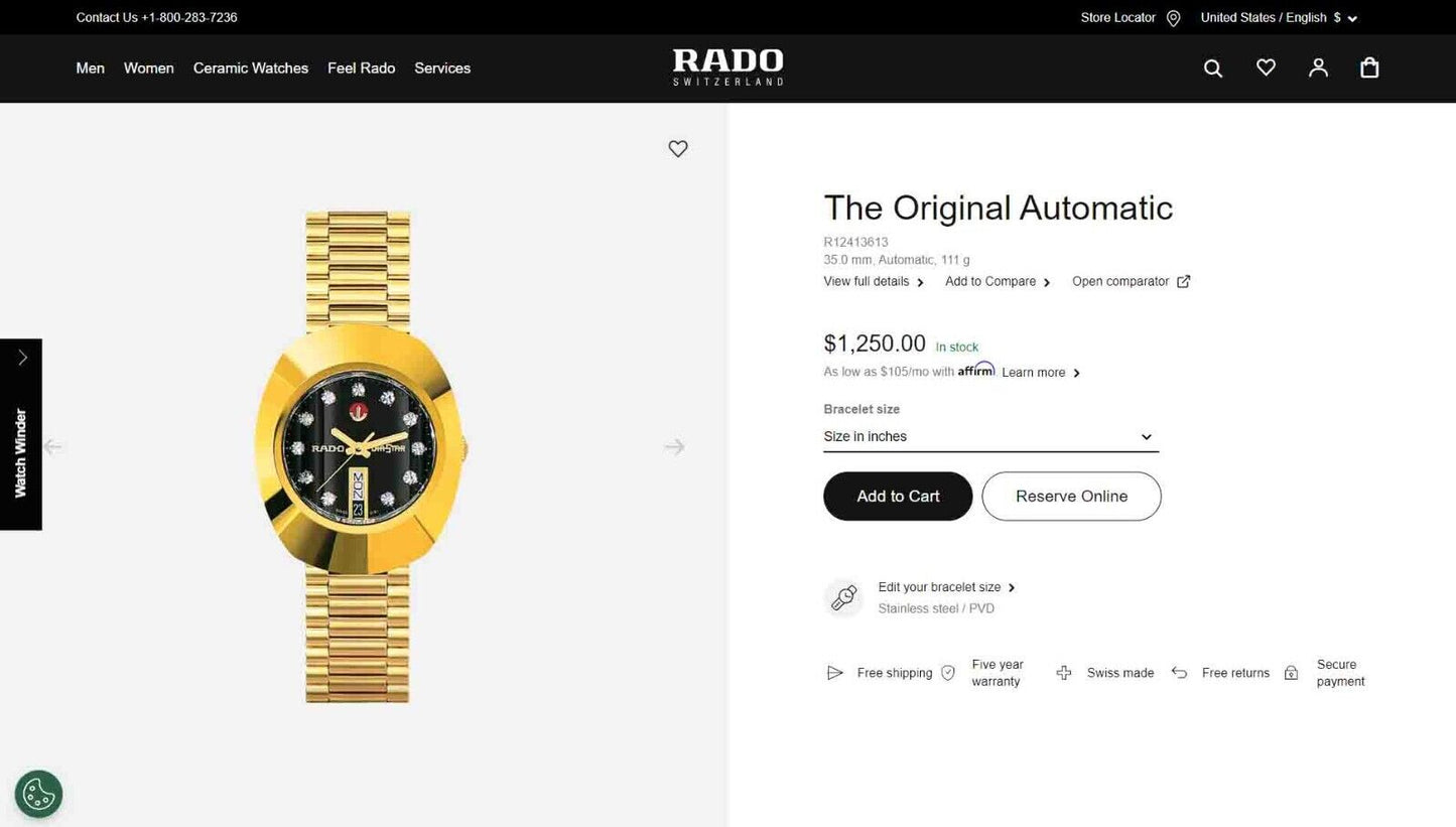 Rado Diastar Original Watch 35mm Case Gold Tone Stainless Steel #R12413583 + Box