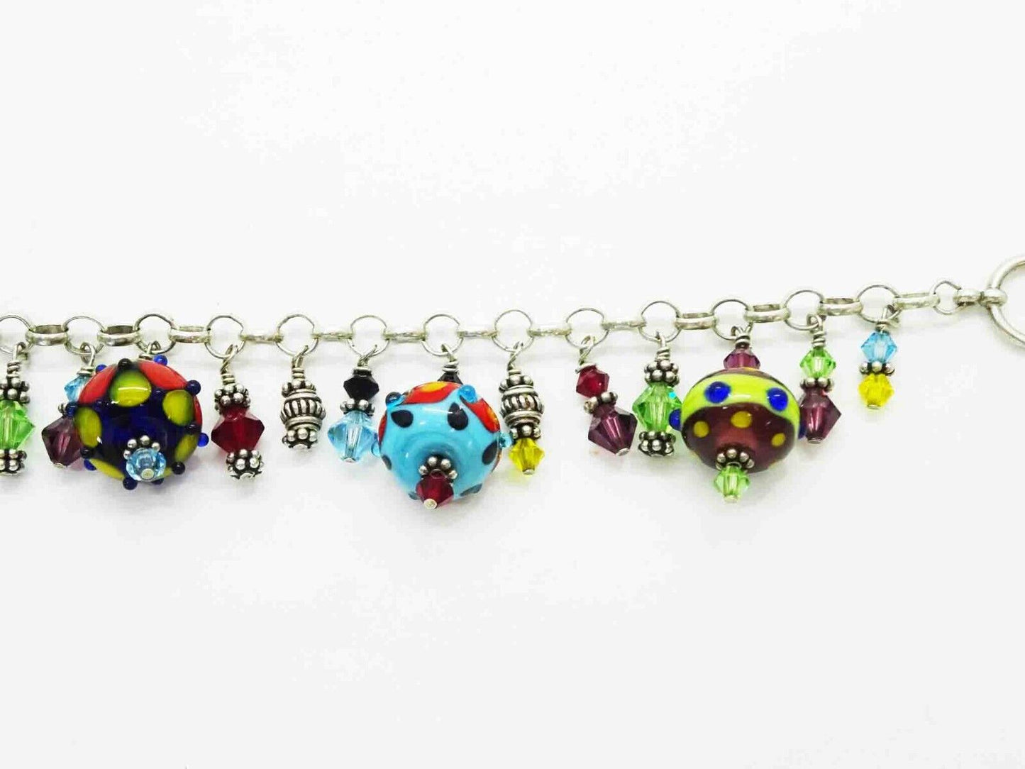 Colorful Murano Glass & Crystal Bead Charm Toggle Charm Bracelet Sterling Silver