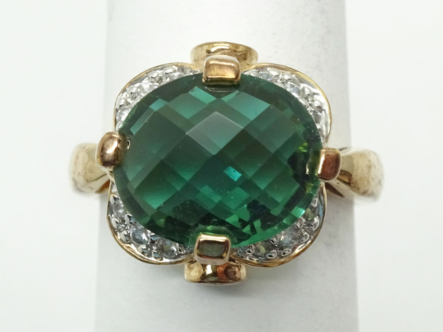 Oval Faceted Fantasy Green Stone & CZ Gold Plated Ring Size 6