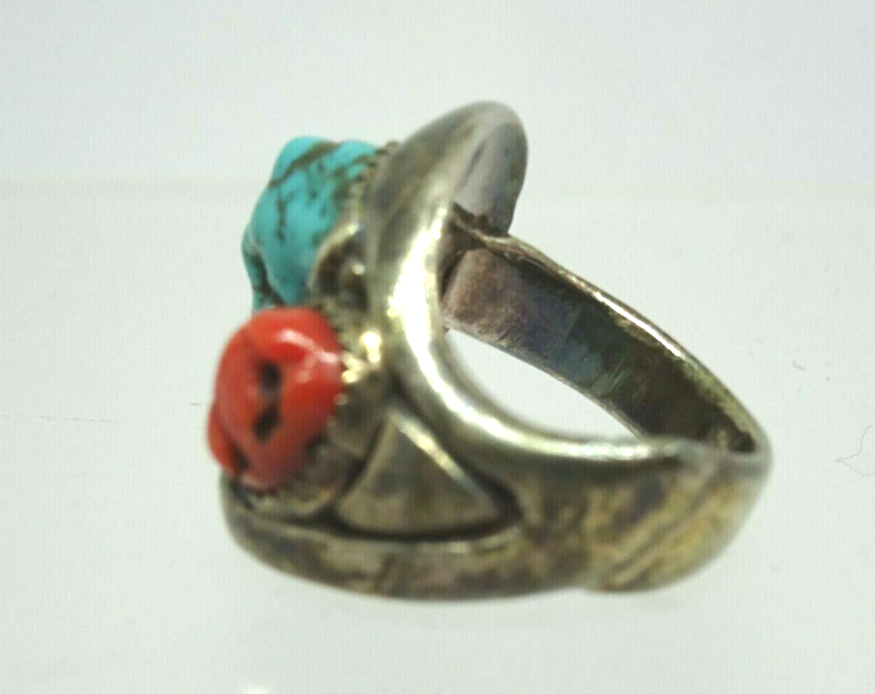 Old Pawn Native American Navajo Sterling Silver Turquoise Coral Nugget Ring, CP