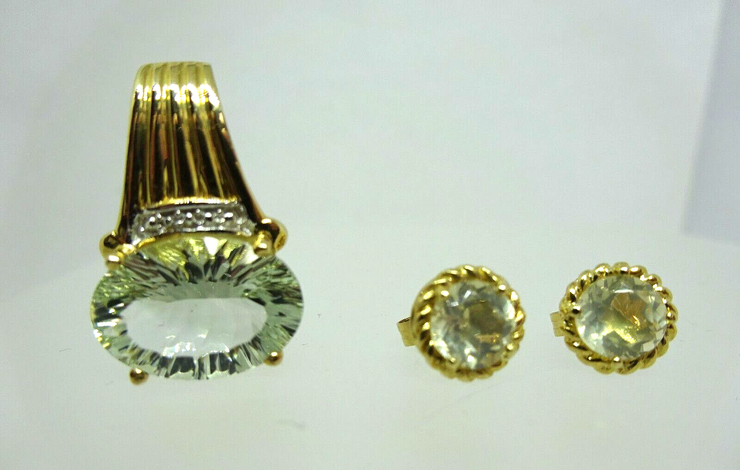 Prasiolite Round Quartz 8mm Earrings  & 14mm Oval Pendant 10K Yellow Gold