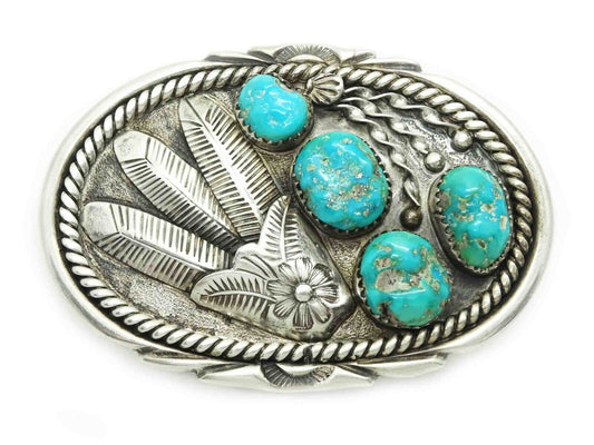 Native American Turquoise Nugget Feather Design Belt Buckle Sterling Silver