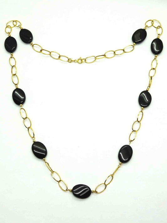 JJT Designer Black Onyx & 14k Gold Station Link Necklace 24"