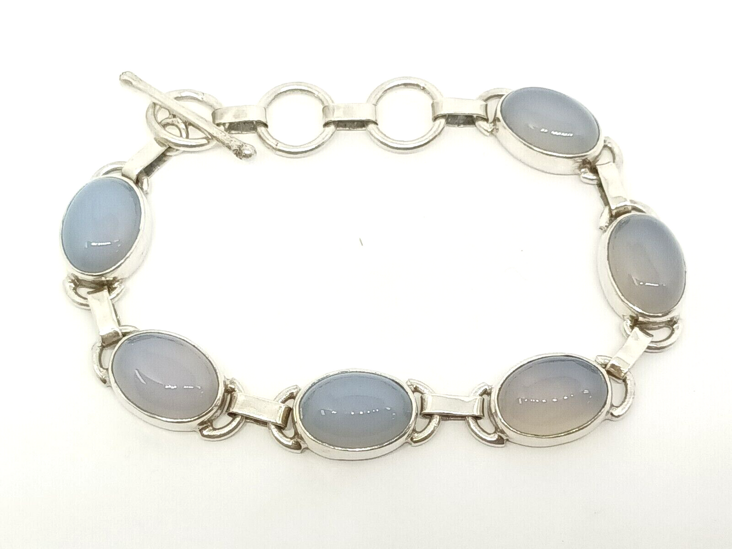 Genuine Blue Chalcedony Cabochon Sterling Silver Bracelet, 8'' Long