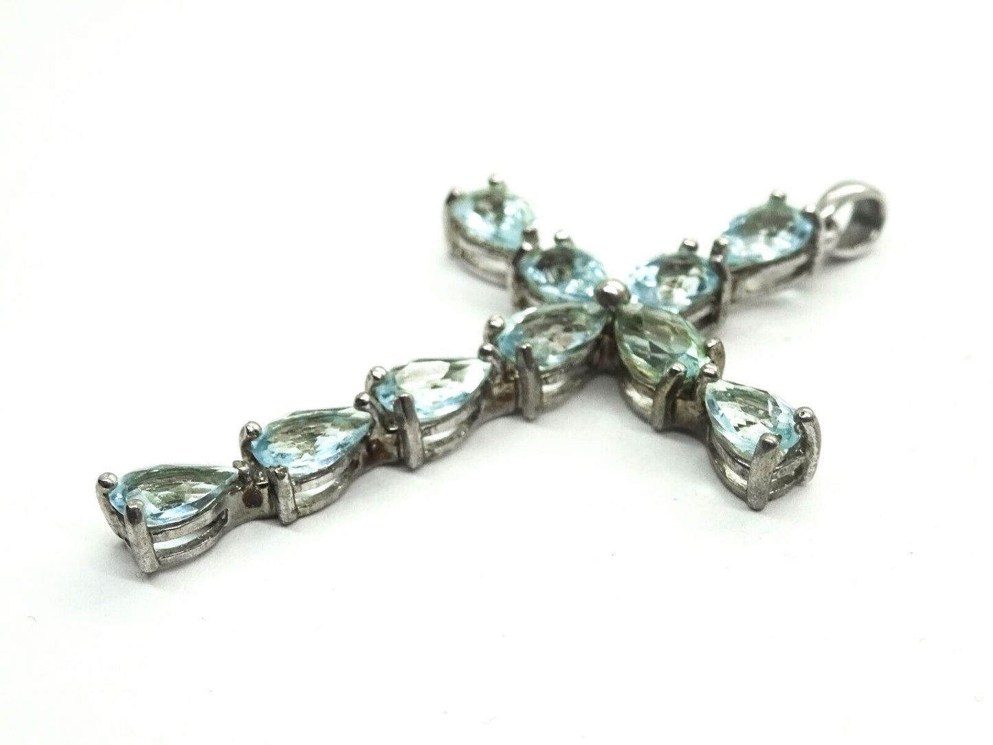 Pear Blue Topaz Cross Pendant Sterling Silver