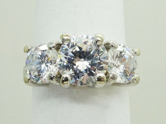 Sparkling White CZ 3-Stone Band Ring 14k White Gold Size 4.75