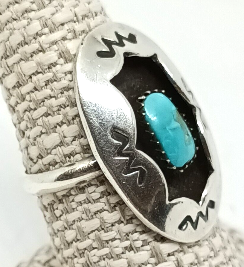Native American Sterling Silver & Turquoise Shadow Box Ring Size 7.5, 6.8 grams
