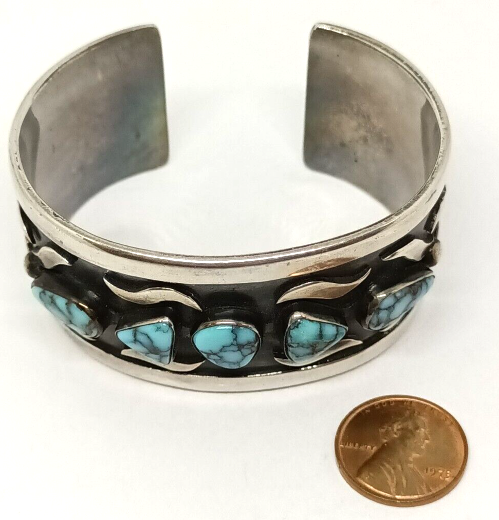 Southwest Spiderweb Turquoise & Sterling Silver Shadow Box Cuff Bracelet 5.5''