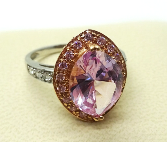 MEDA Lab-Created Pink Sapphire & CZ Cocktail Ring 14k Rose & White Gold Size 8