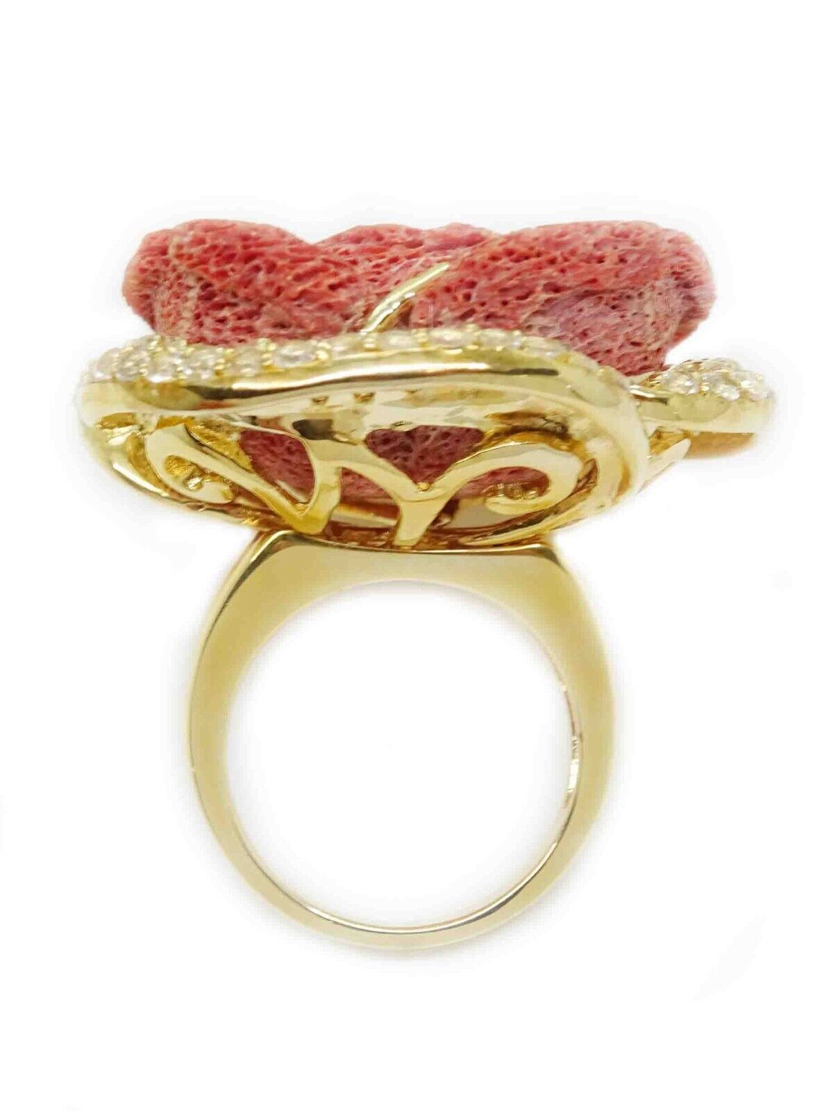 Estate Hand Carved Oxblood Red Coral & White Topaz Sterling Vermeil Ring Size 8