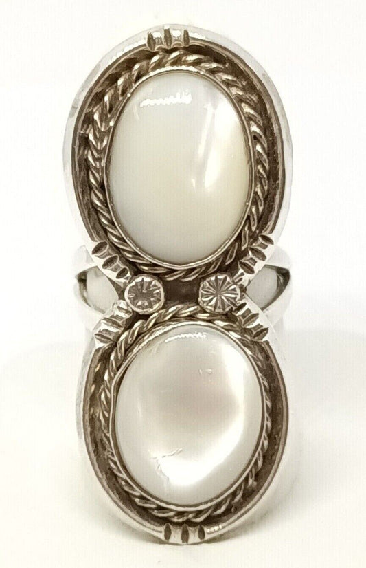 Double Mother of Pearl Cabochon Sterling Silver Ring Size 7