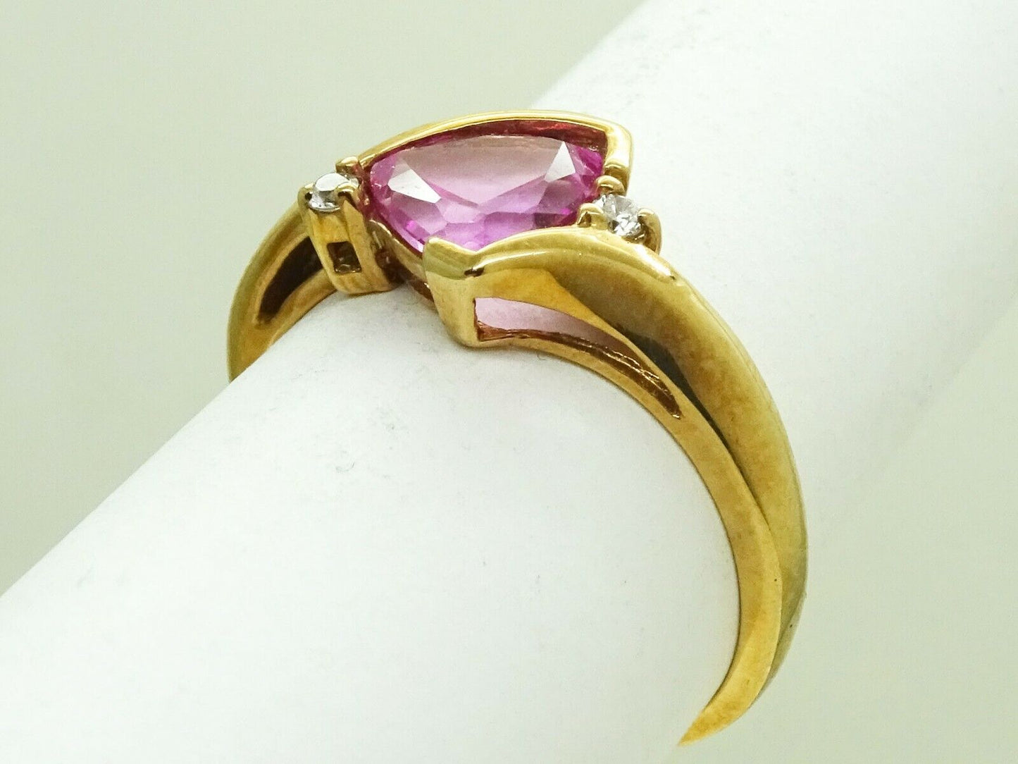 Lab-Created Trillion-Cut Pink Sapphire & CZ Ring 10k Gold Size 7