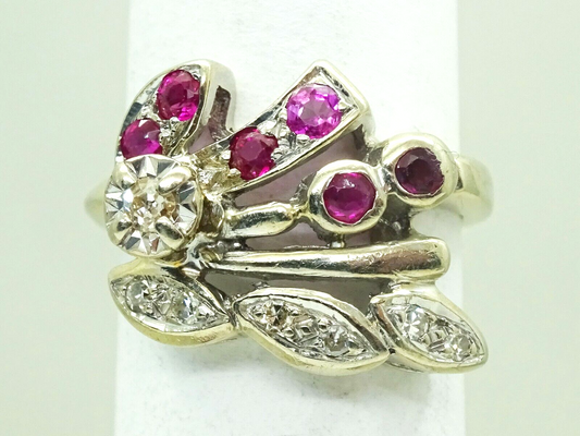 Retro Vintage 0.33ct tw Natural Ruby & Diamond Ring 14k White Gold Size 4.5