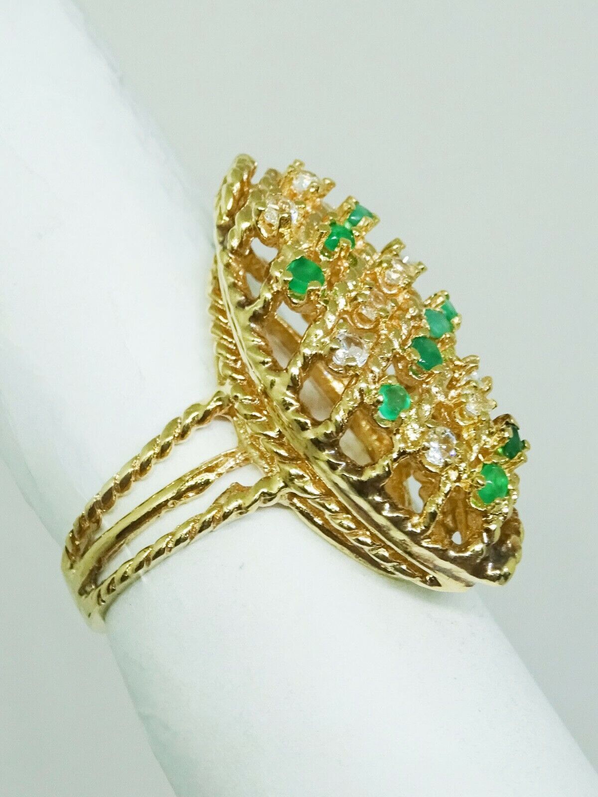 0.54ct tw Natural Emerald & Diamond Navette Setting Gold Ring 14k Gold Size 6