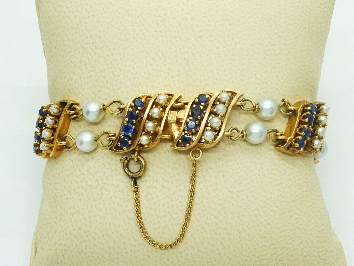 Vintage Honora Designer Natural Pearl & Sapphire Bracelet 14k Gold