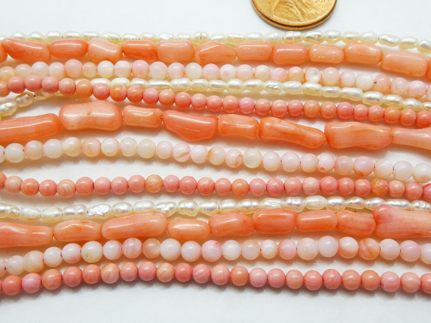 Natural Angel Skin & Rosa Pink Coral, Seed Pearl 11-Strand Necklace