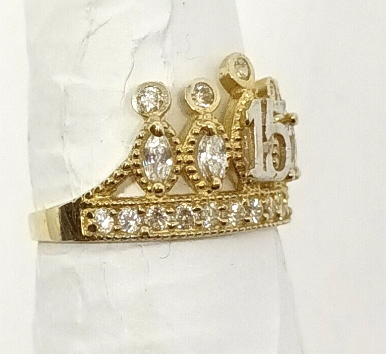 10k Yellow Gold 15 Anos Quinceanera Crown CZ Ring Size 7.5