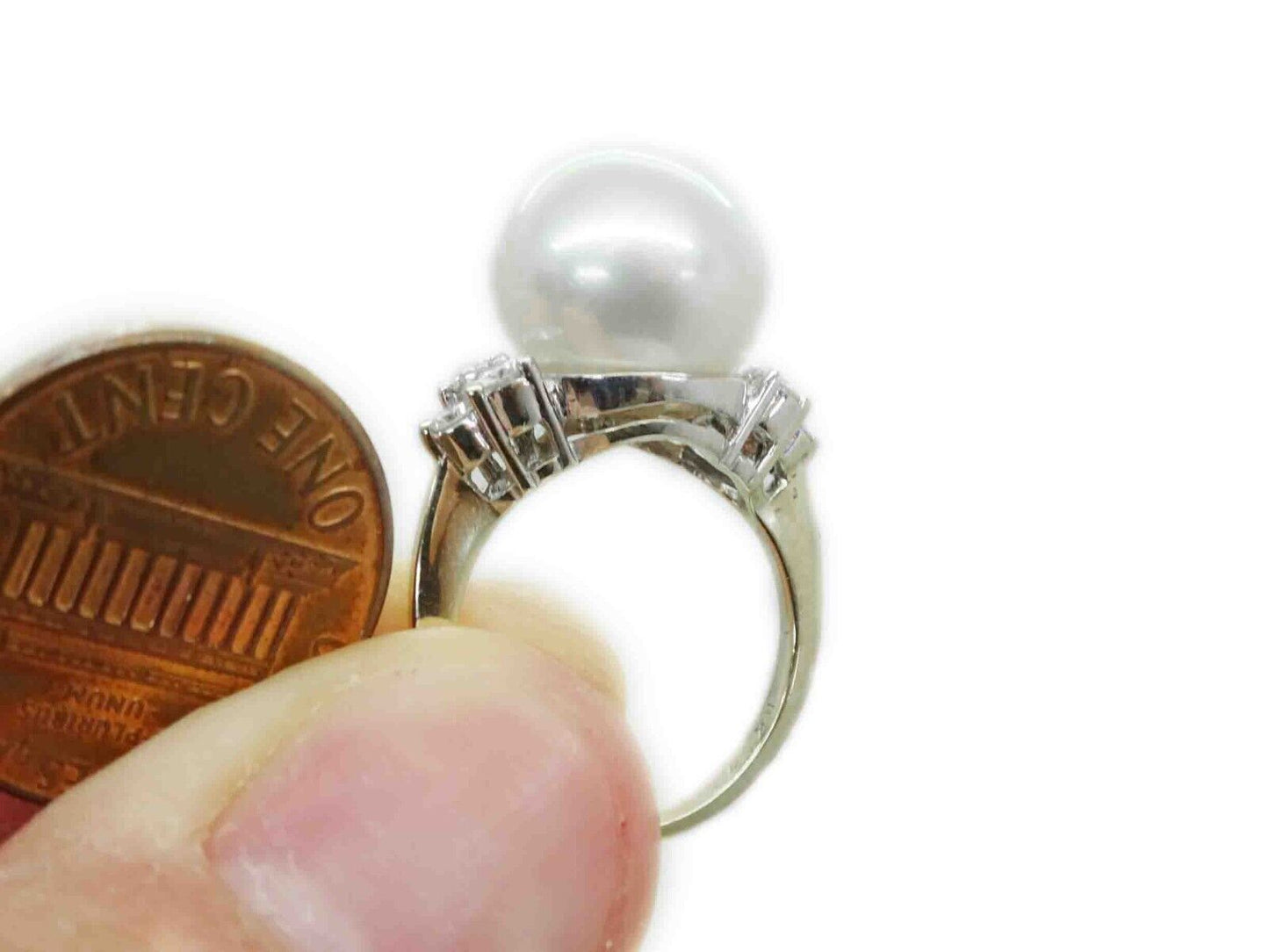 11.9mm Wide Natural Pearl & Diamond Accent Ring 18k Gold Size 4.5