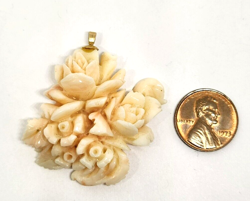 Carved Floral Angel Skin Coral Gold Filled Pendant 1.75" Long