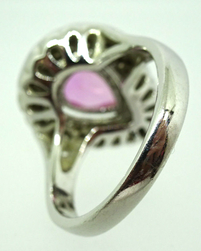 Synthetic Pink Gem & CZ Ring Rhodium Plated Sterling Silver Size 10