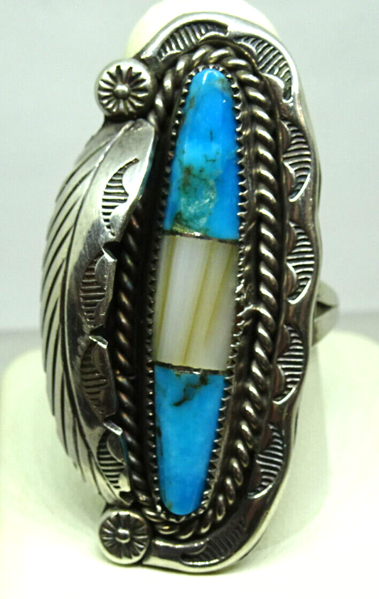 Native American Herbert Pinc Navajo Sterling, Turquoise, MOP Ring, Signed