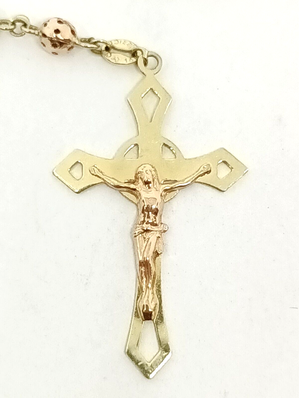 Real 14k Rosary Tri-Color Gold Jesus Crucifix Necklace 28'' Chain