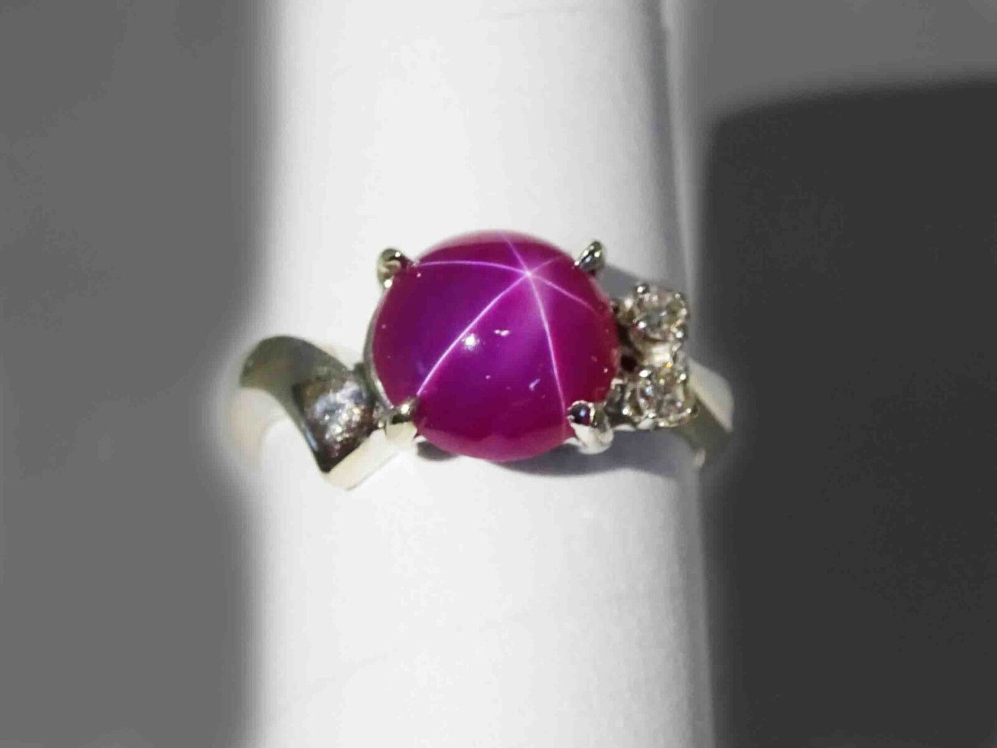 Vintage Lab-Created Lindy Star Ruby & Natural Diamond Ring 14k White Gold Sz 3.5