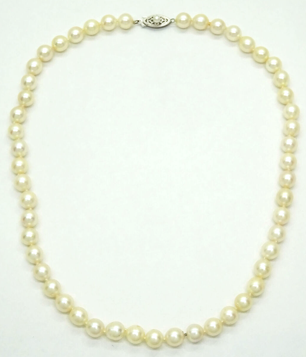 Vintage Imperial Cultured Pearls 7mm Bead Choker Necklace 14k White Gold 15.5"