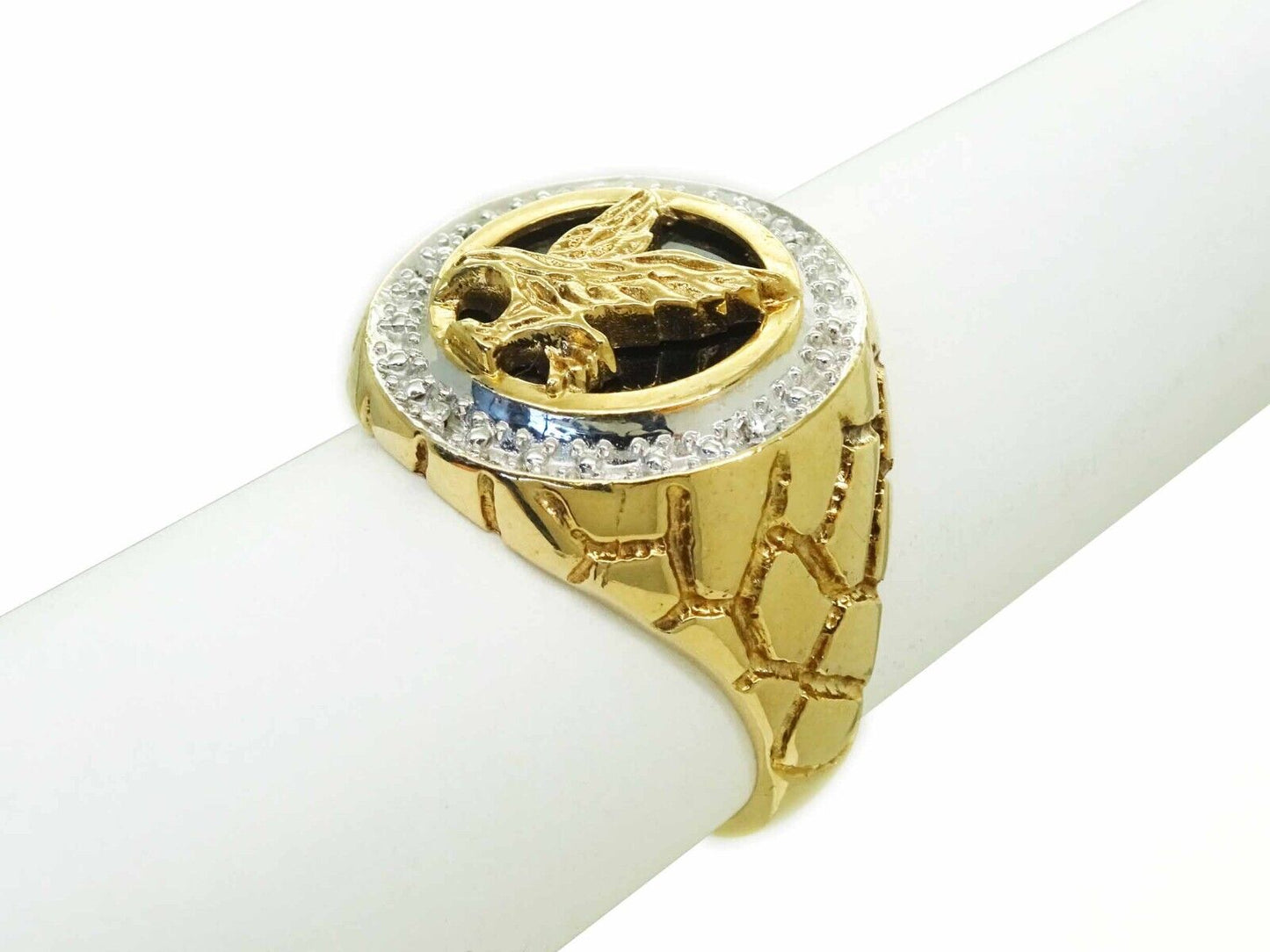 Men's Natural Diamond Halo & Black Onyx Eagle Ring 10k Gold Size 10