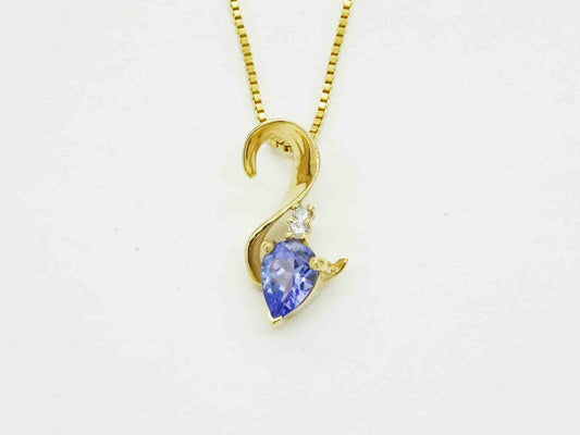 Natural Pear Tanzanite & Diamond Ribbon Style Pendant Necklace 14k Gold