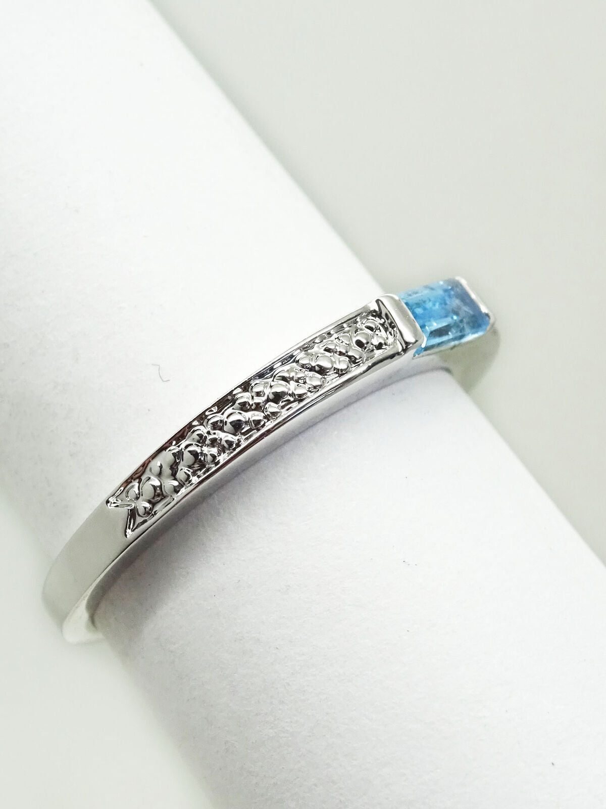 Blue Topaz Baguette Thin Stackable Band Ring Size 7.5 Rhodium Plated