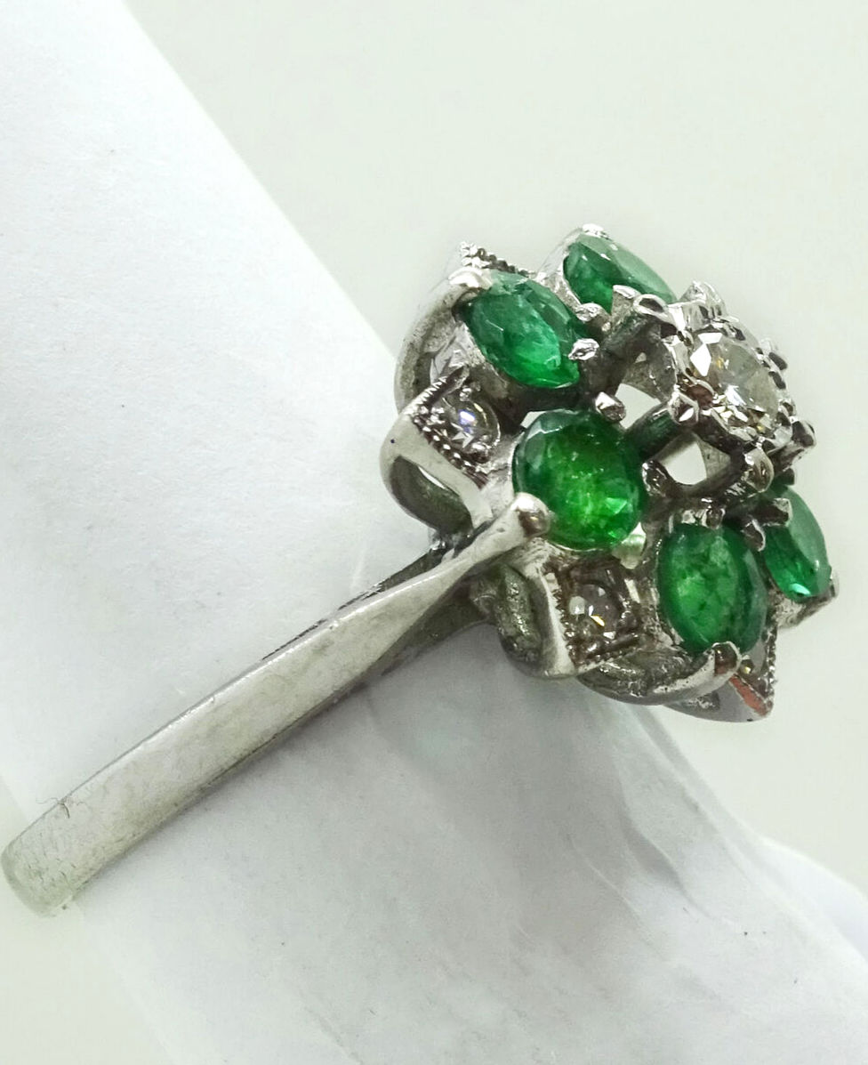 1.1ct tw Emerald & Diamond Starburst Cluster Filigree Ring 14k White Gold Size 4