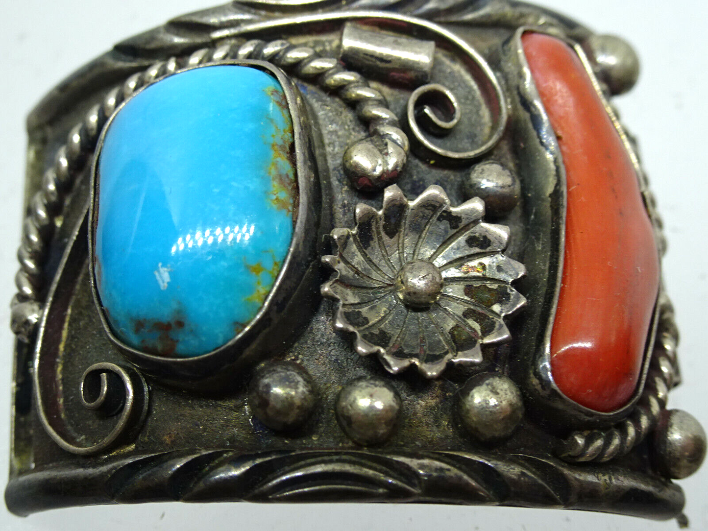 Native American Old Pawn Navajo Big Turquoise & Coral Sterling Watch Tips, 49.8g