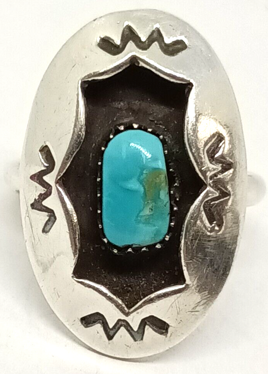 Native American Sterling Silver & Turquoise Shadow Box Ring Size 7.5, 6.8 grams