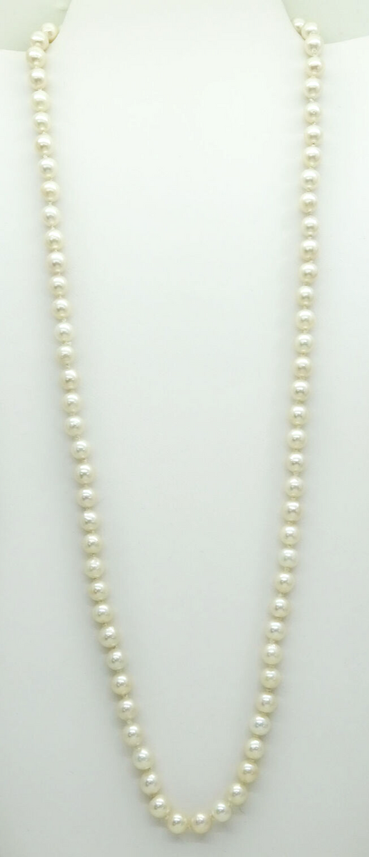 8mm Natural Pearl Bead Necklace 28" Opera Length 14k Gold Clasp