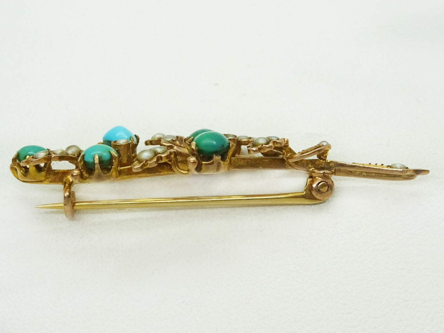 Victorian 9k Yellow Gold Turquoise & Seed Pearl Floral Pin Brooch