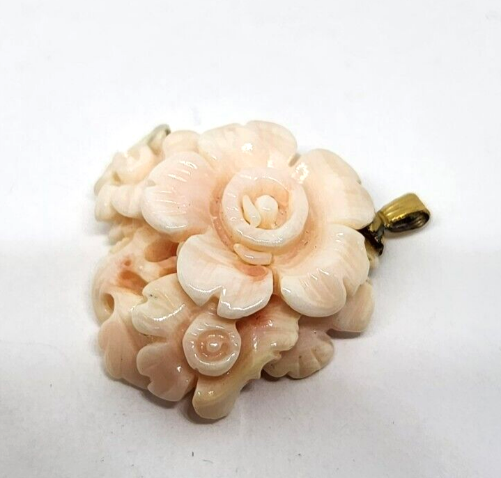 Carved Floral Angel Skin Coral Gold Filled Pendant 1" Long