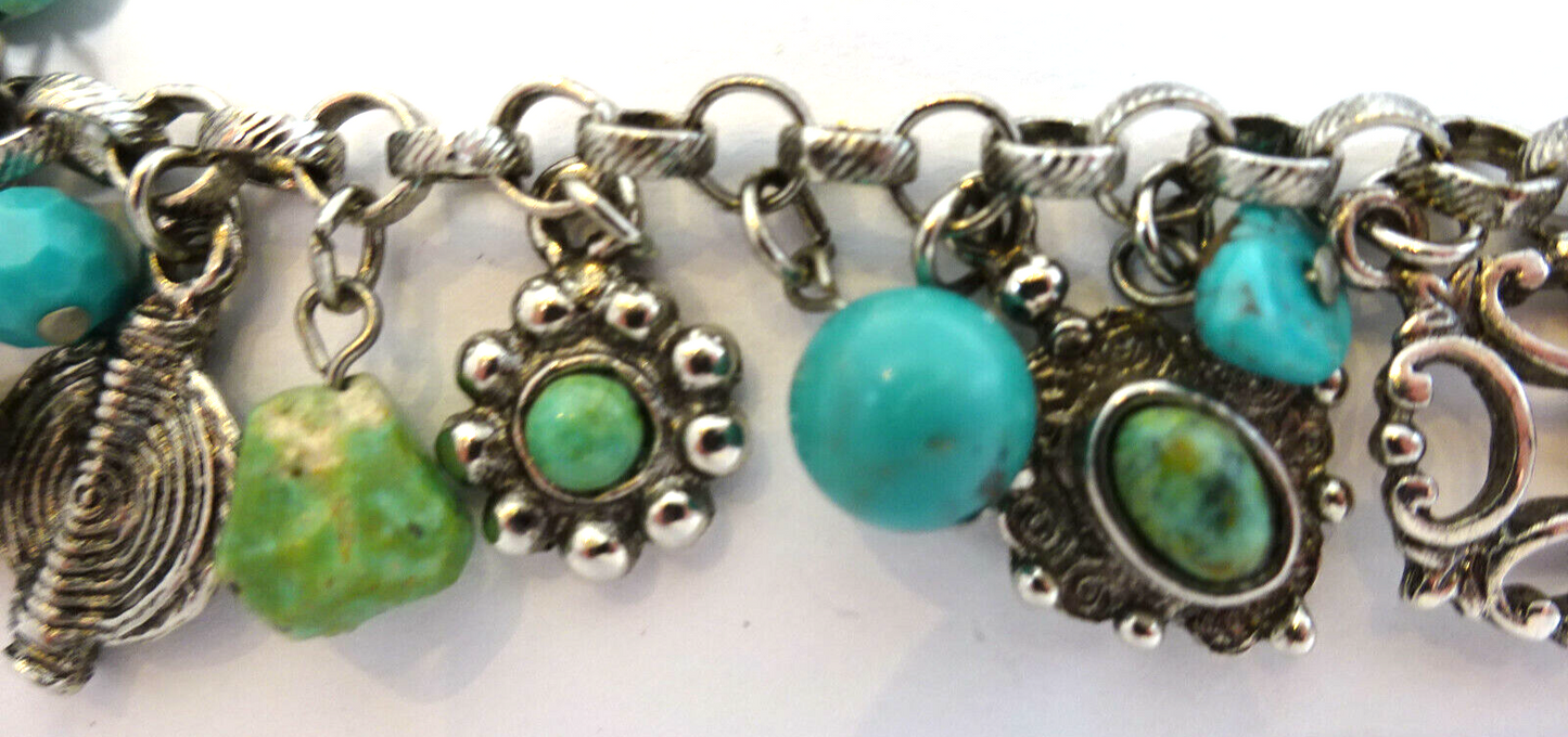 Vtg Sterling Silver Southwest Charm Bracelet 25 Charms Turquoise/Assorted 26.8 g
