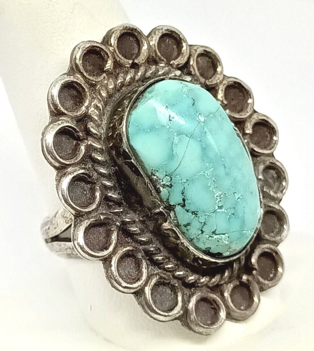 Large Old Pawn Native American Navajo Sterling Silver Turquoise Ring, Sz.7.75