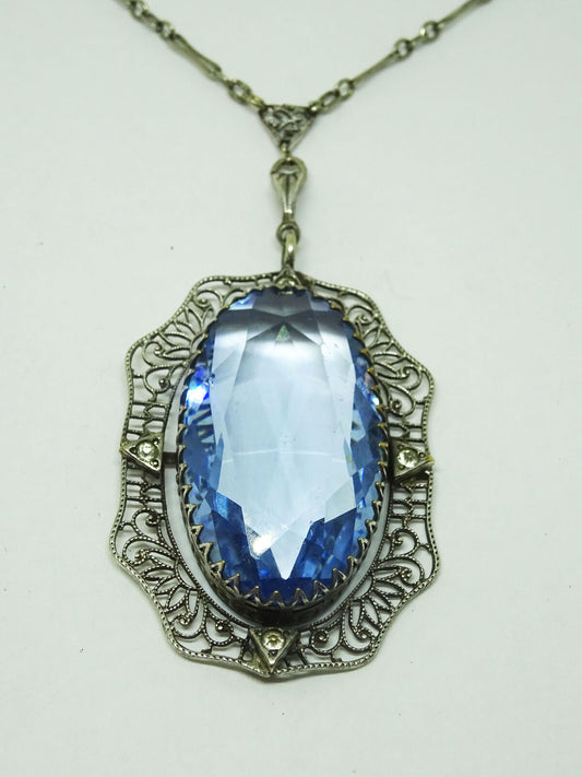 Blue Faceted Crystal Filigree Lariat Pendant Chain Sterling Silver