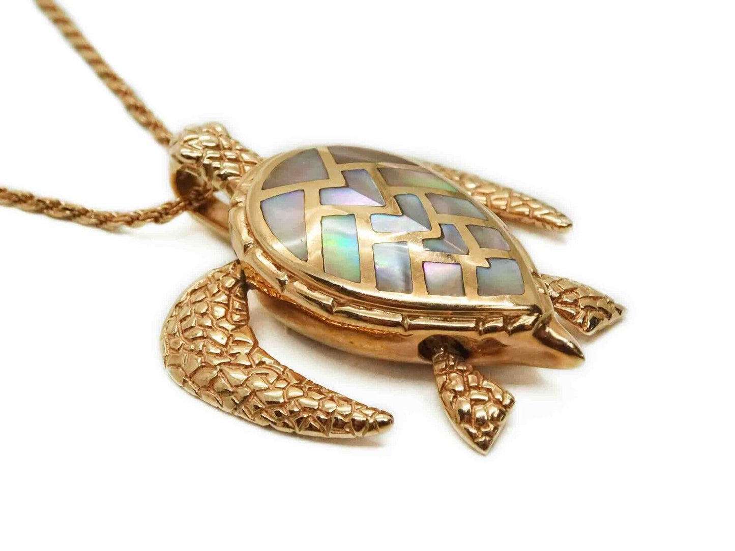 Wildlife Wonders 14k Rose Gold Abalone Mother of Pearl Turtle Pendant Necklace