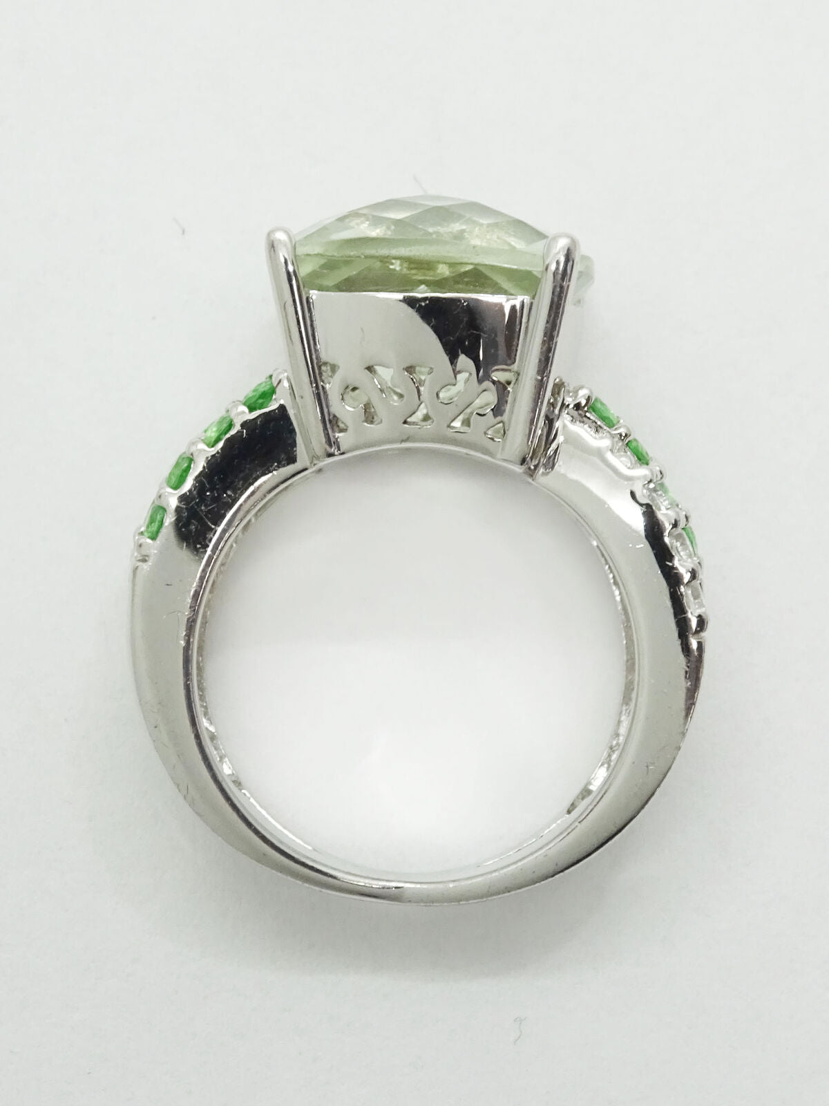 Fantasy Cushion CZ Green & White Sterling Silver Filigree Ring Size 5