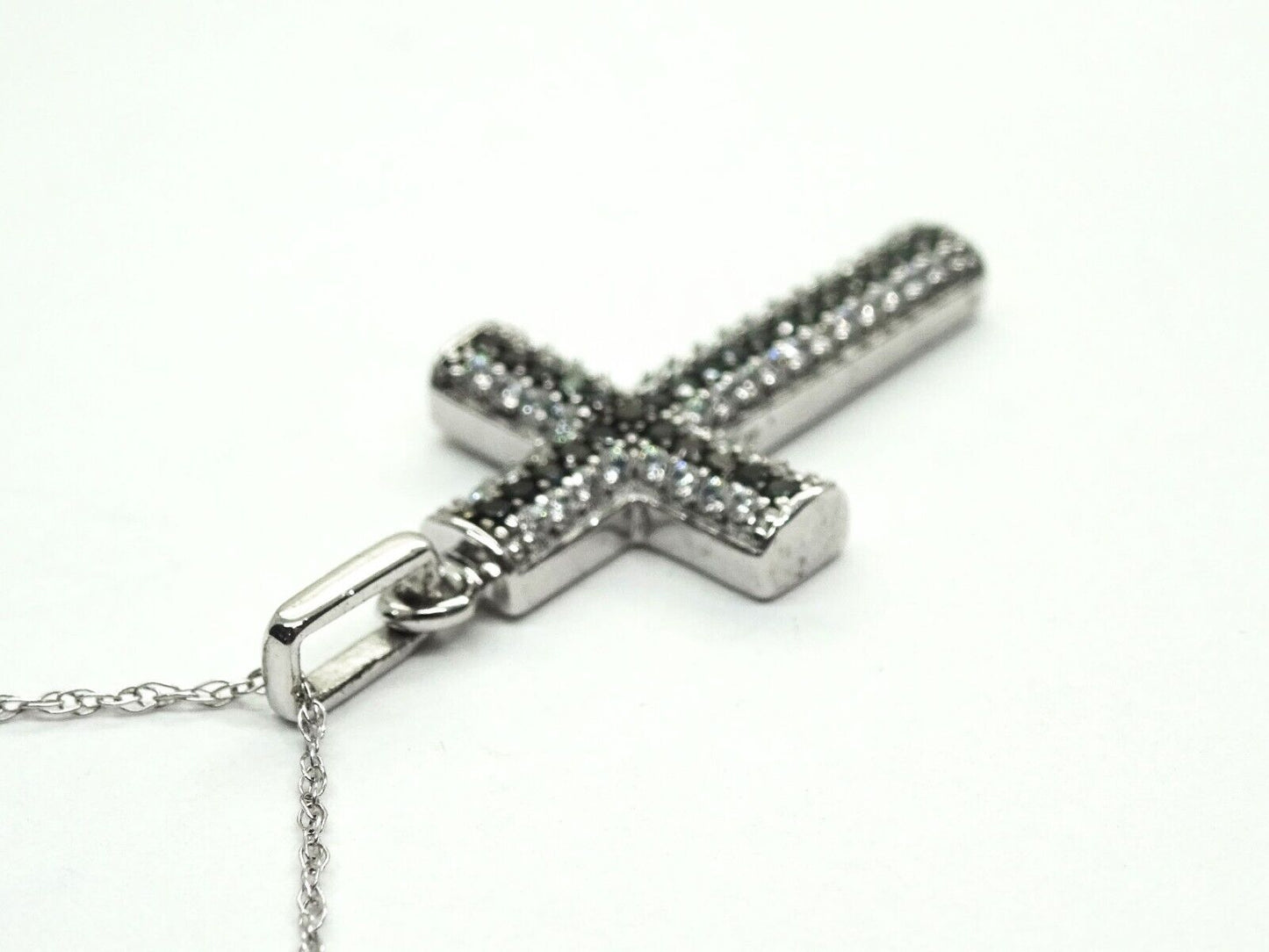 Black & White CZ Cross Pendant Sterling Silver on 10k White Gold Chain